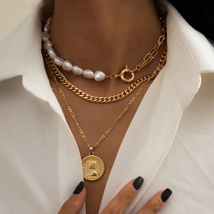 Goth Baroque Pearl Coin Portrait Pendant Necklace for Women Vintage Multi Layer Link Chain Necklace Punk Aesthetic Jewelry 2021