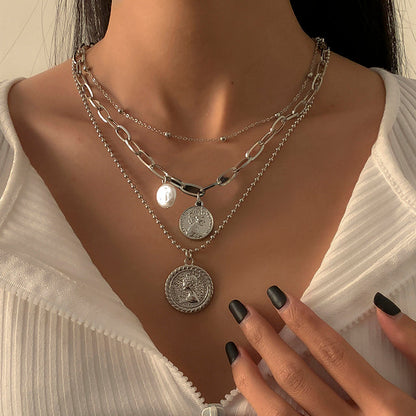 Goth Baroque Pearl Coin Portrait Pendant Necklace for Women Vintage Multi Layer Link Chain Necklace Punk Aesthetic Jewelry 2021